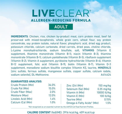 Liveclear Allergen-Reducing Cat Food Dry Formula with Real Chicken as the Number One Ingredient - 6.3 Lb. Bag